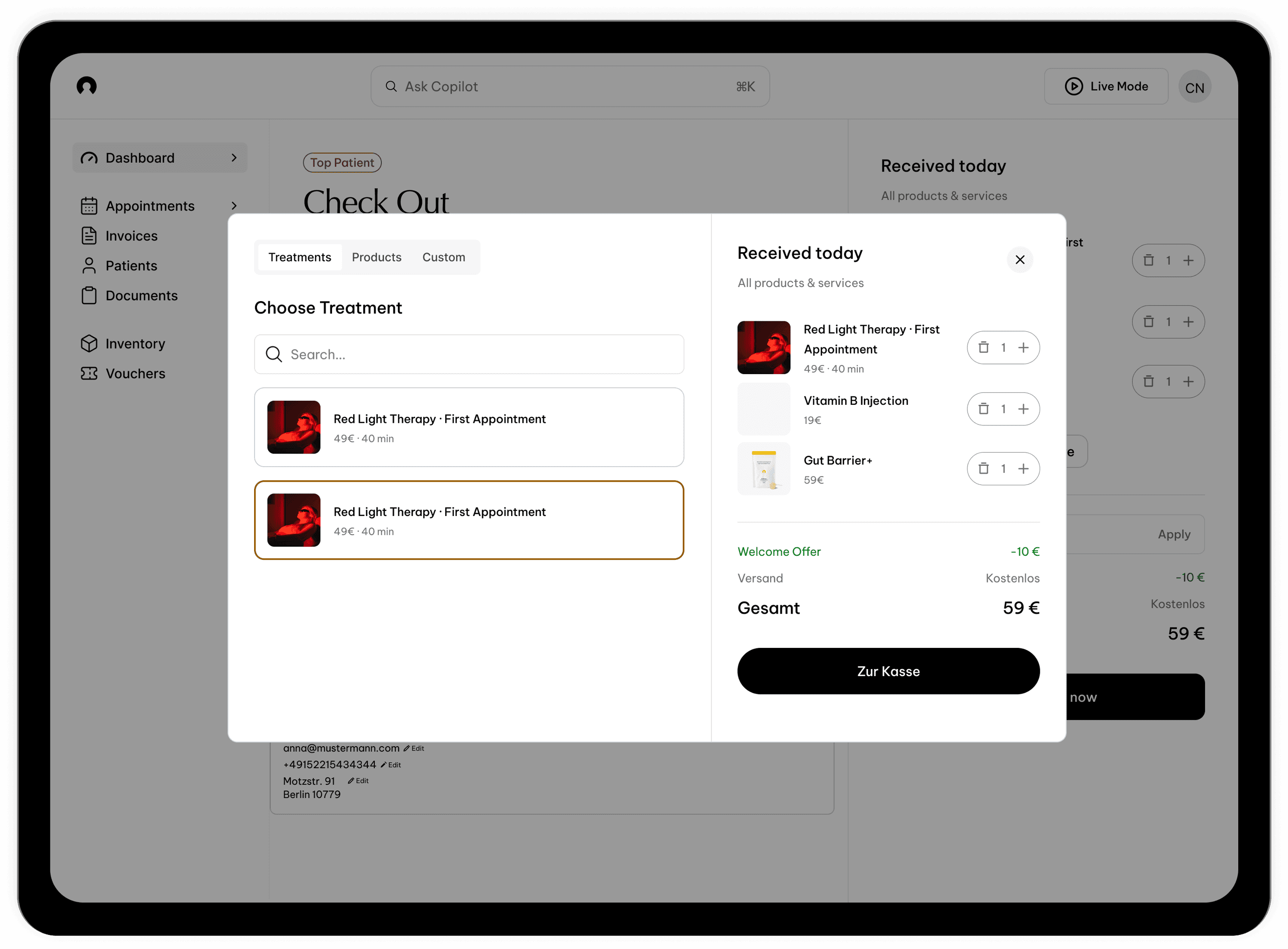Charge — per-appointment cart with totals and invoice mapping