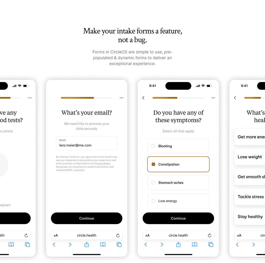 Patient intake flow — six mobile screens covering email, symptoms, goals and confirmation