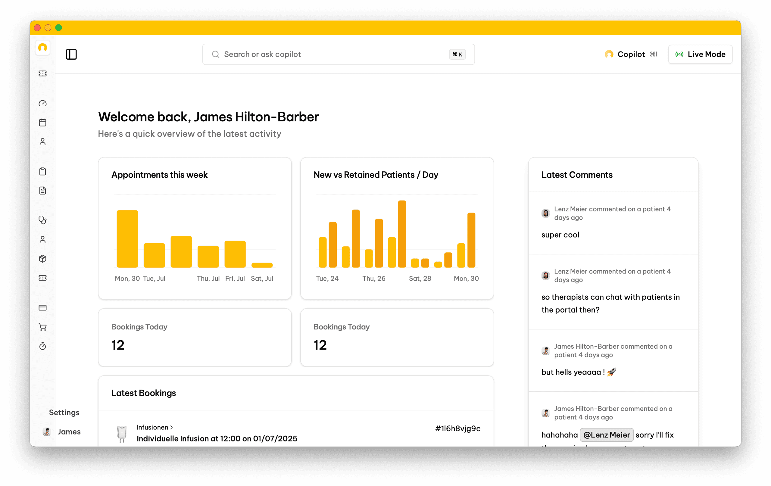 circleOS dashboard — appointments this week, latest bookings, latest comments