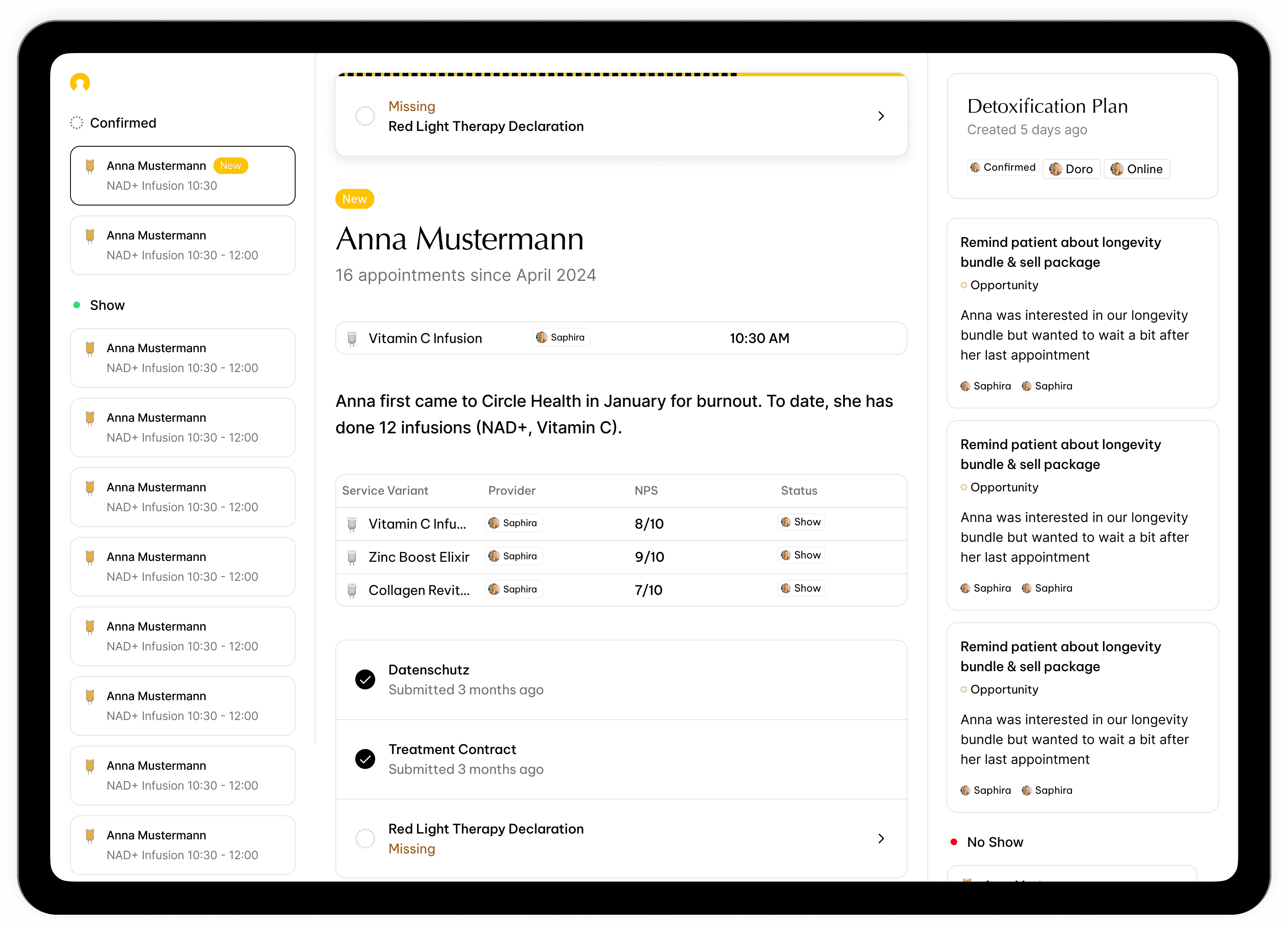 Patient surface with contextual notes appearing alongside records and appointments