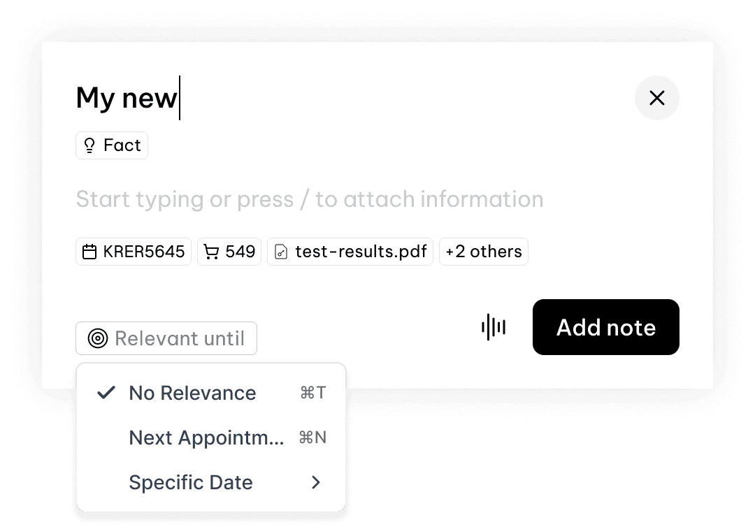 Note composer with dynamic relevance menu and structured context controls