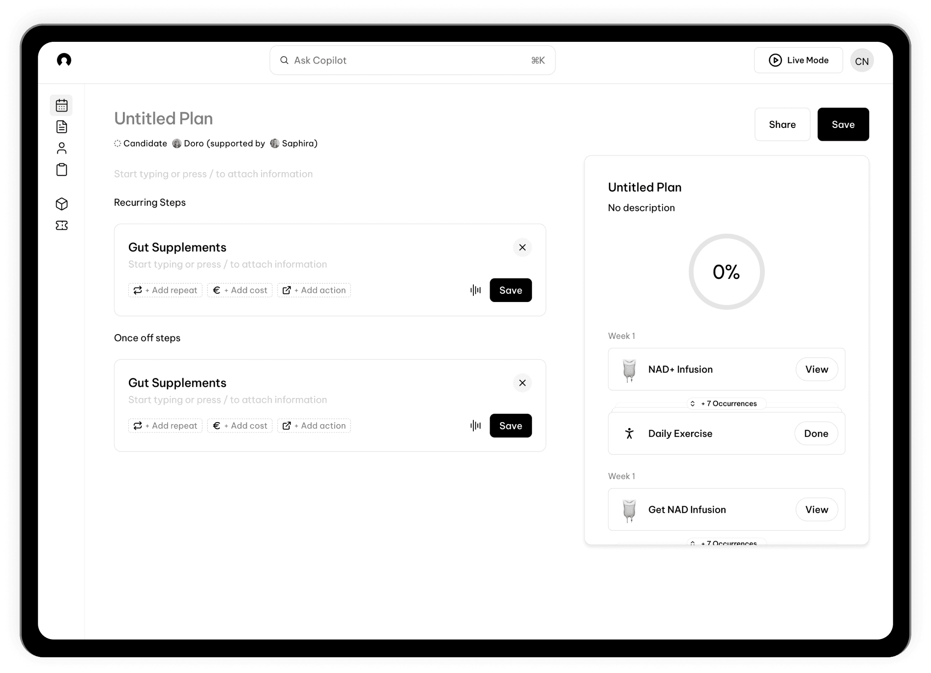 Plans creator — multi-session care journey, auto-priced