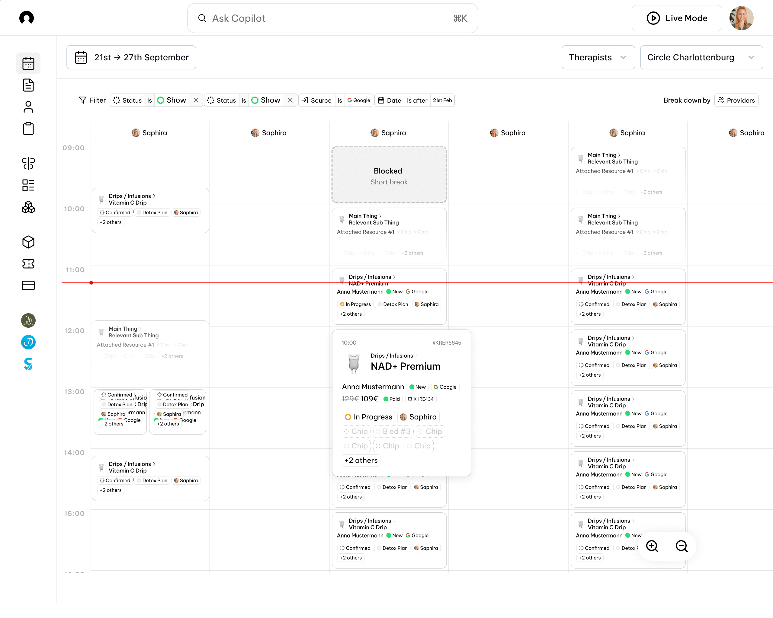 Scheduling — calendar and infusion details