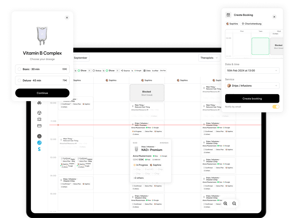 Scheduling hero with tablet calendar and booking sheets